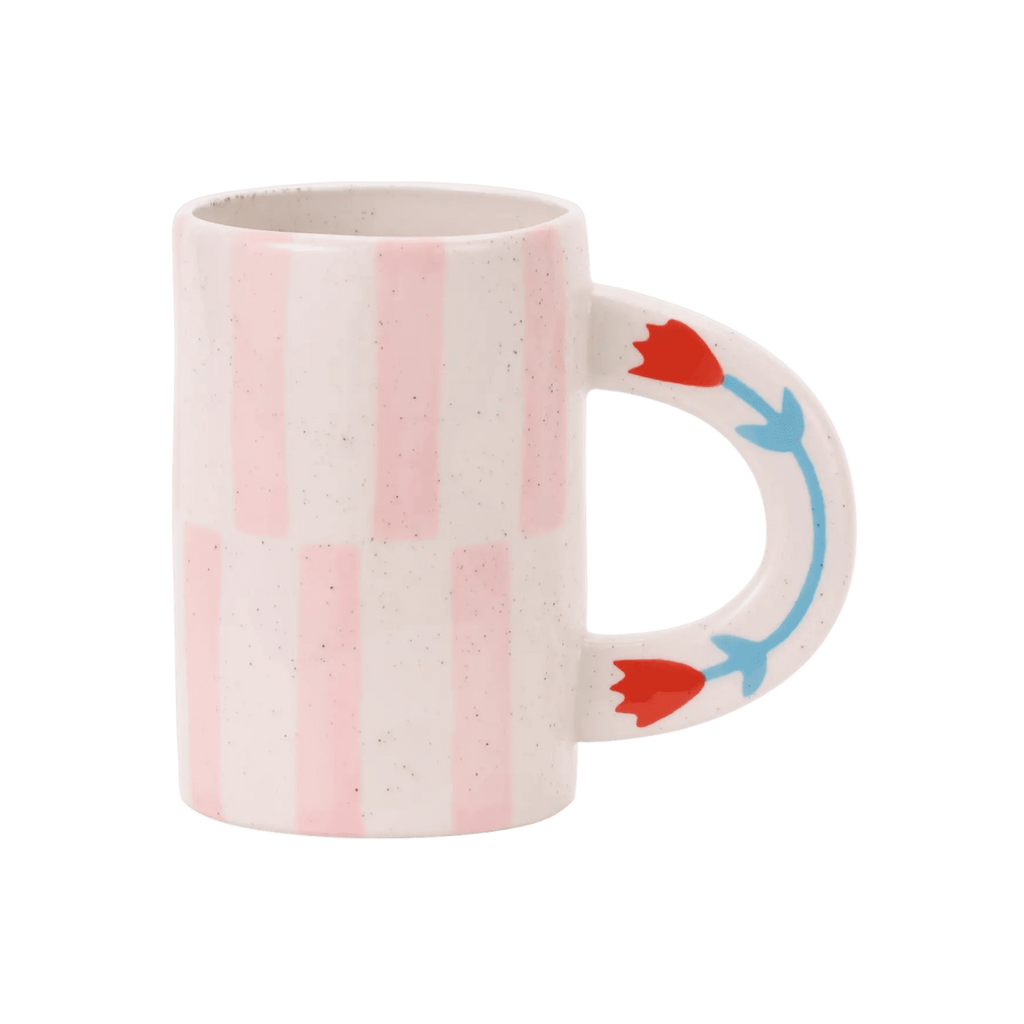 Mug floral rayures roses peint à la main en grès
