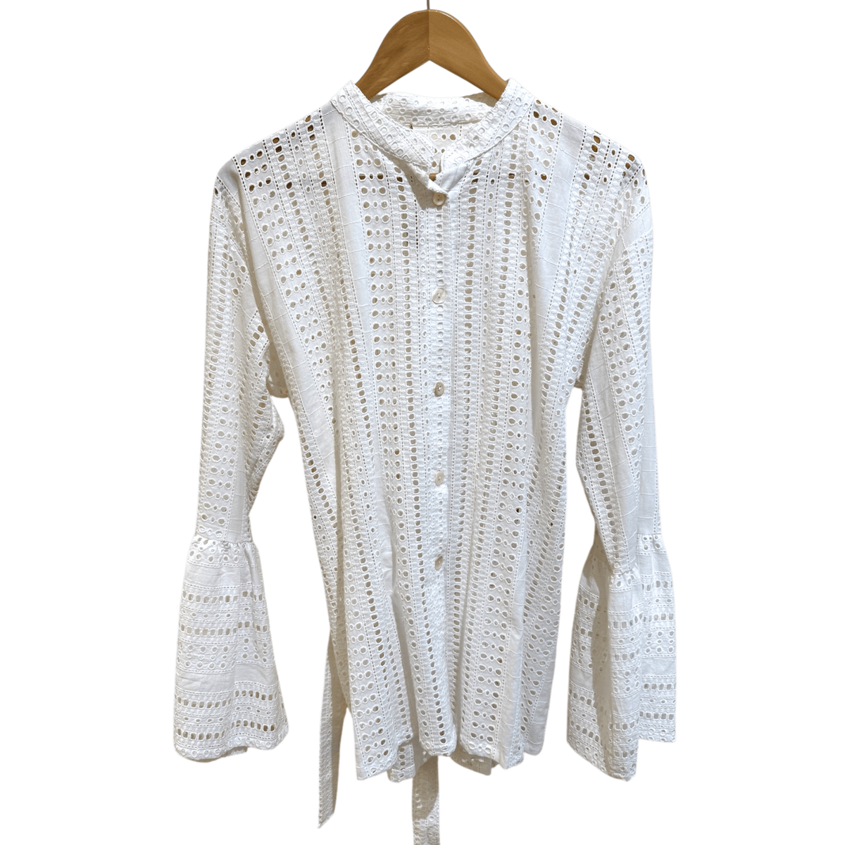 Blouse femme en coton brodé - Manches évasées & lien à nouer