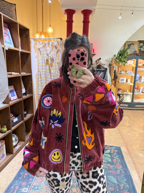 Bomber en velours et brodée Smiley - Veste unisexe originale
