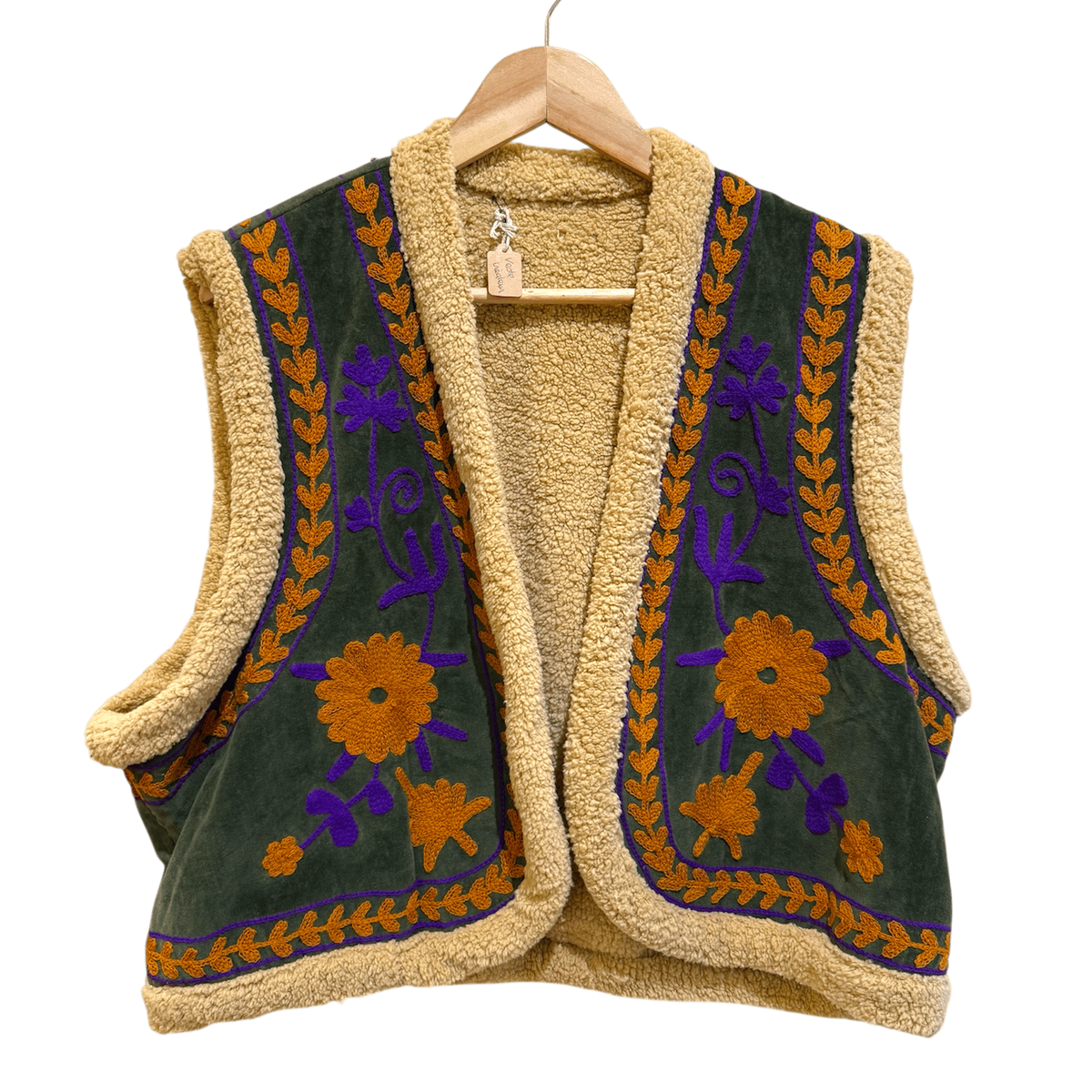 Gilet femme oversize en velours vert - Doublure moumoute