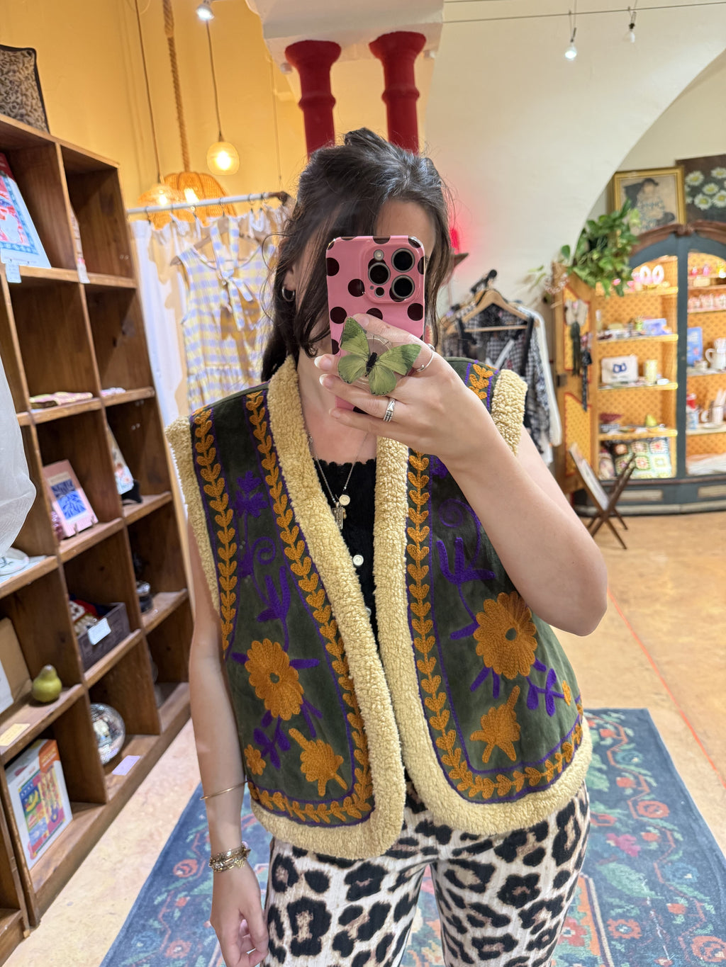 Gilet femme oversize en velours vert - Doublure moumoute