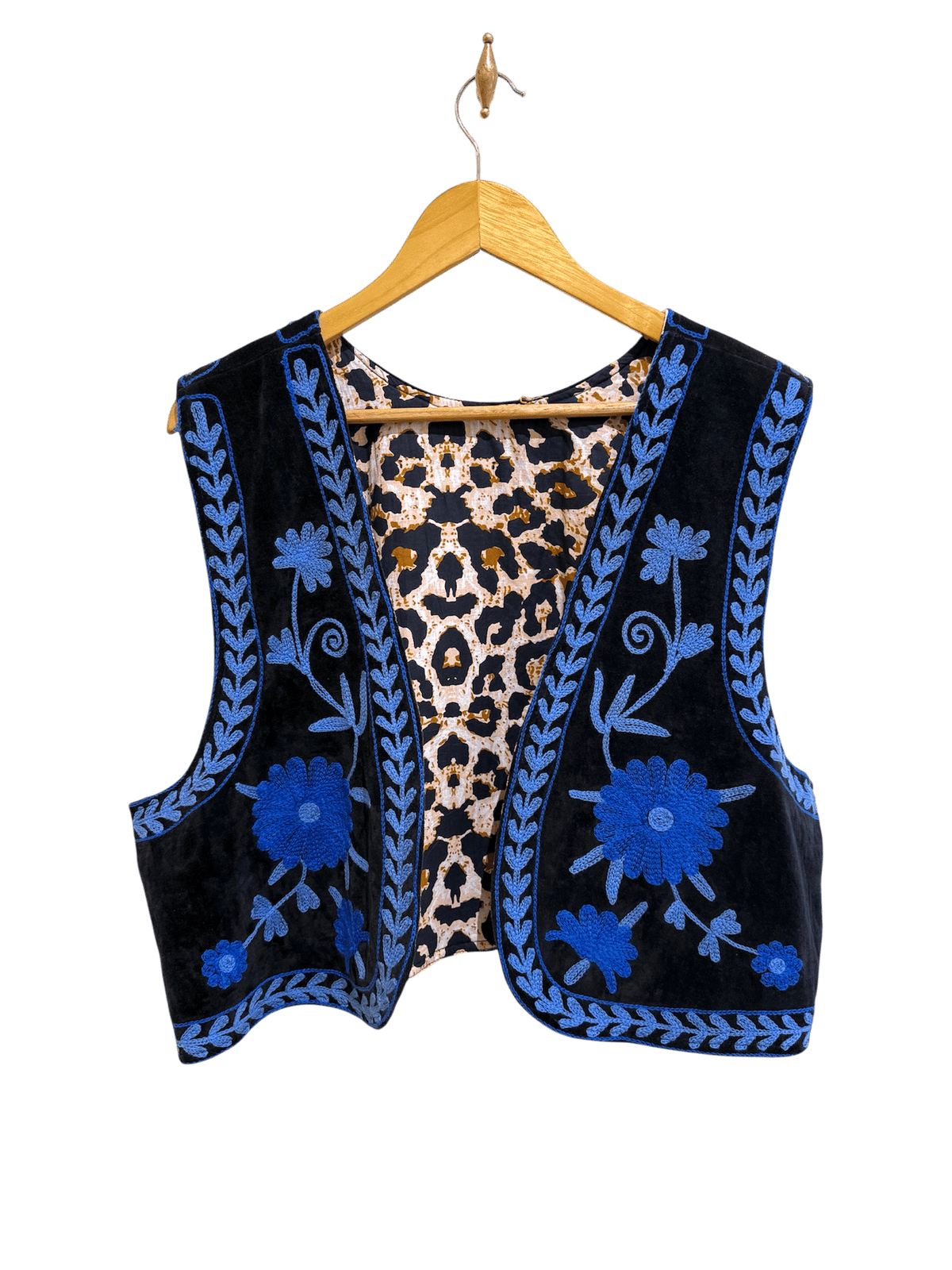 Gilet femme oversize en velours noir brodé bleu