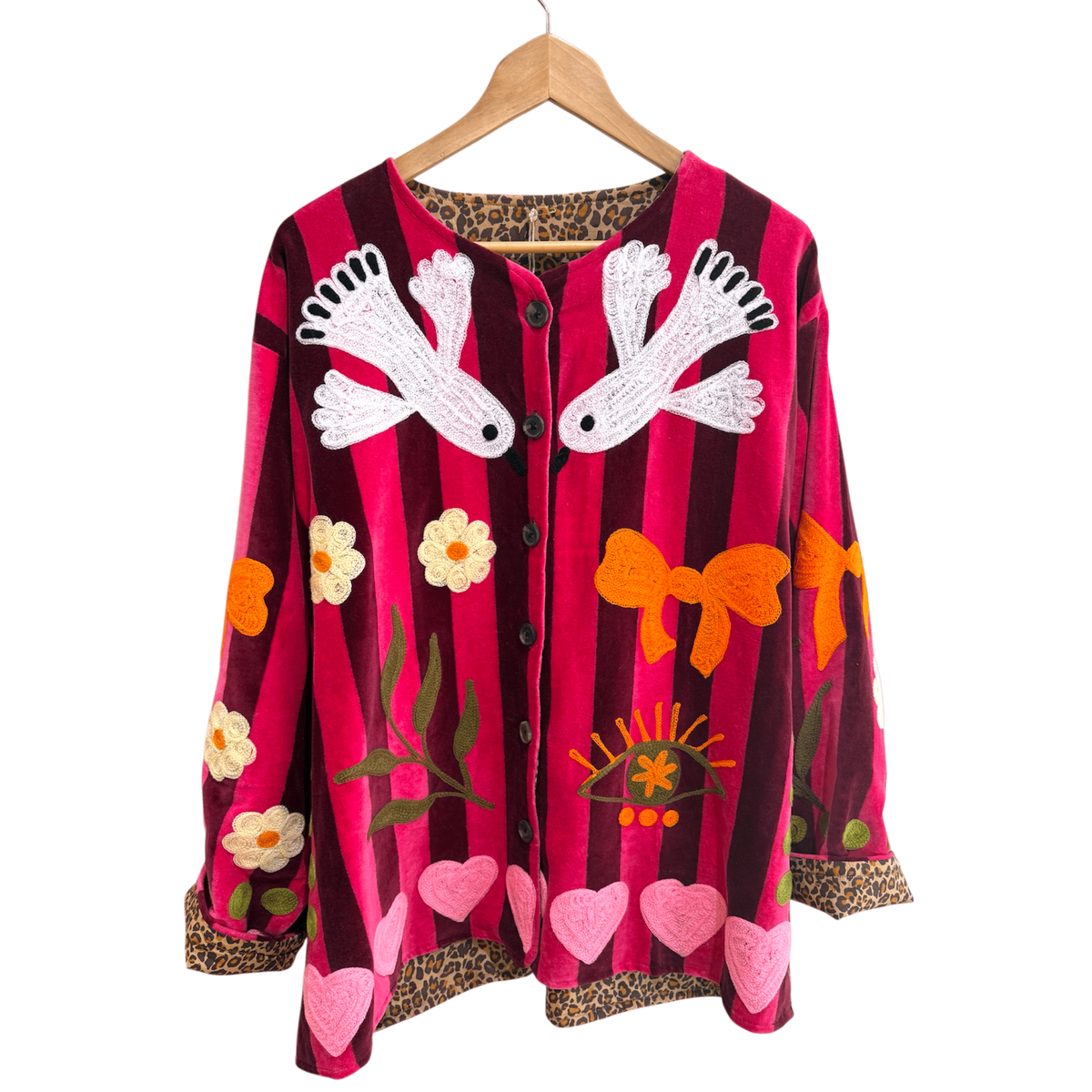 Veste en velours rayée et brodée oiseaux - Veste femme originale