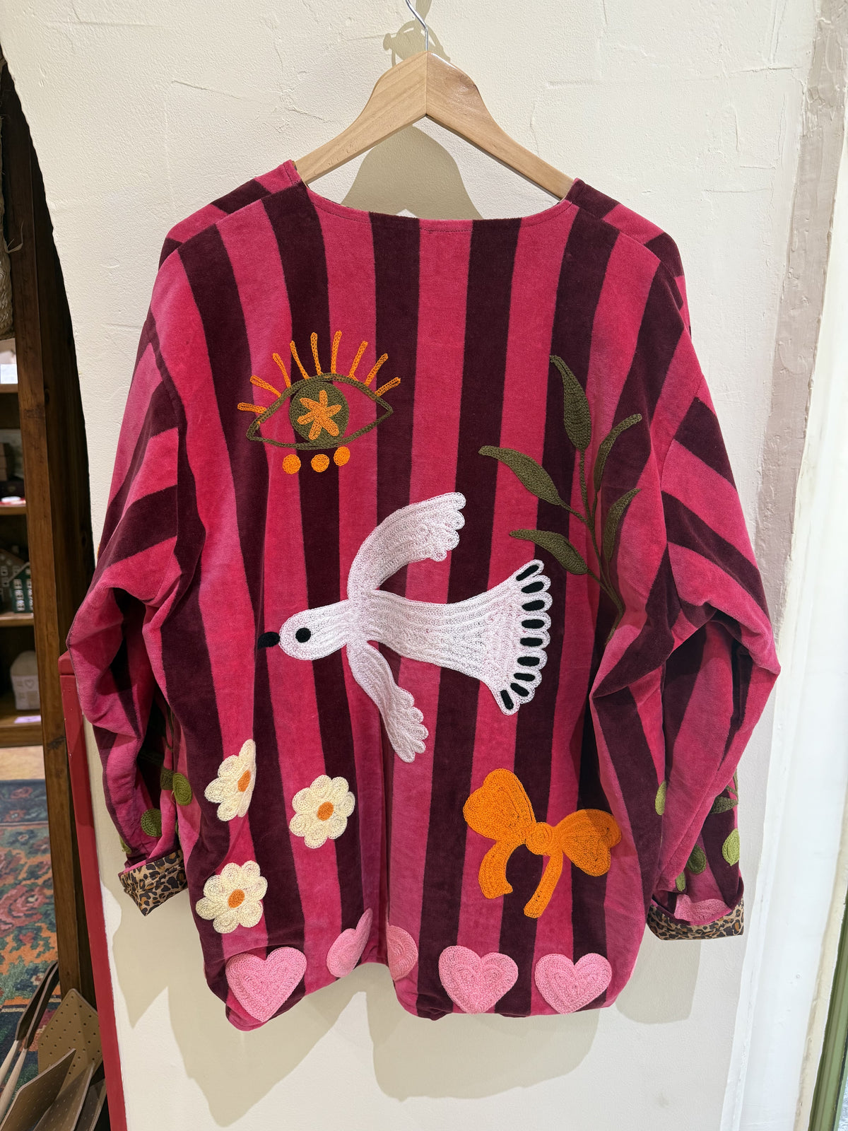 Veste en velours rayée et brodée oiseaux - Veste femme originale