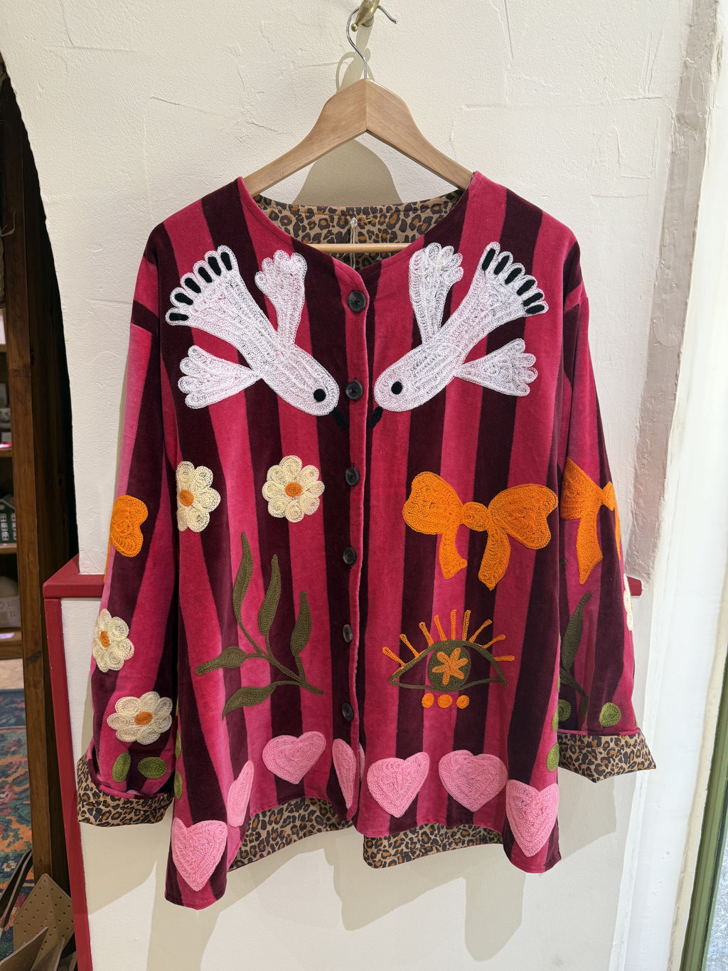 Veste en velours rayée et brodée oiseaux - Veste femme originale