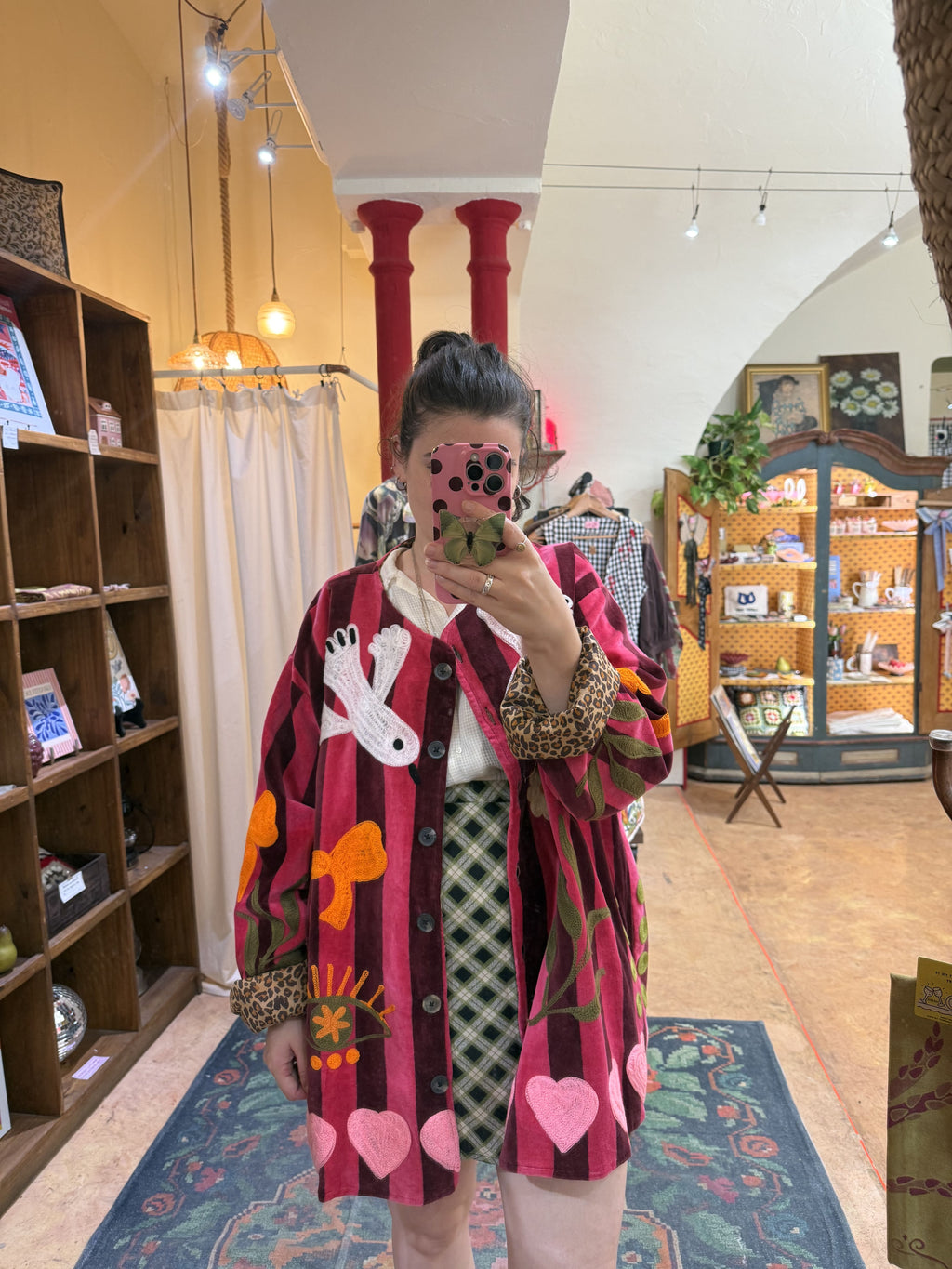 Veste en velours rayée et brodée oiseaux - Veste femme originale
